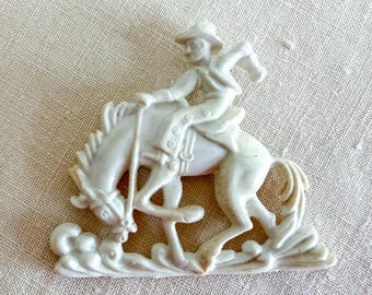 1950s Cowboy Pin, Vintage Plastic Brooch, Western Horse Jewelry