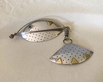 Sterling Silver Fish Brooch, Vintage Handmade Brass and Silver Modernist Pin