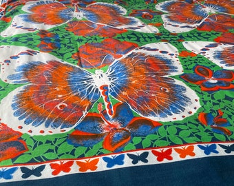 Butterfly Print Tablecloth, Vintage Brazilian Fabric, 50 x 52 Inches, Canga, 1980s Cotton Textile