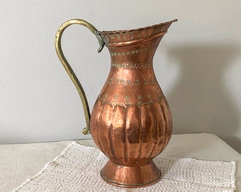 Egyptian Copper Pitcher, Vintage Hand Hammered and Incised Middle Eastern Jug