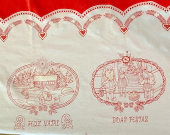Vintage Christmas Tablecloth, Karsten Brazil Cotton Textile, 60 x 102 inches