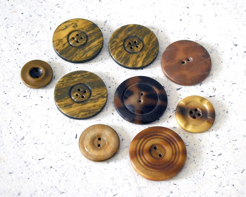 9 Celluloid Tight Top Buttons Vintage Brown and Gold Button Lot Sewing or Craft Supplies