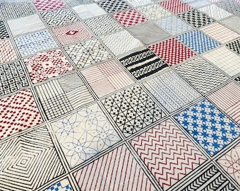 Hand Printed Table Cloth, Vintage Large 86 x 108 inch Rectangular Tablecloth, Geometric Red Black Blue White