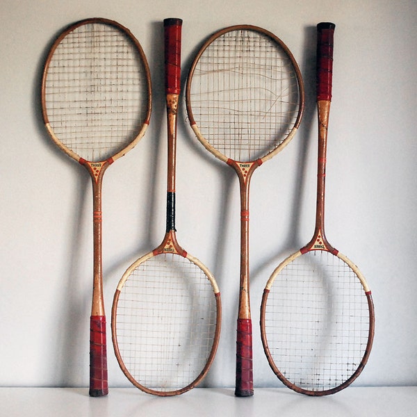 1930s Wood Badminton Rackets Four Sportcraft Racquets Vintage Sports Gear Pakistan Man Cave Decor Gameroom Outdoor Lawn Games Wall Art