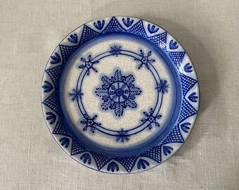 Beriozka Russian Plate, Vintage Gzhel Blue and White Ceramic Plate, Snowflake Christmas