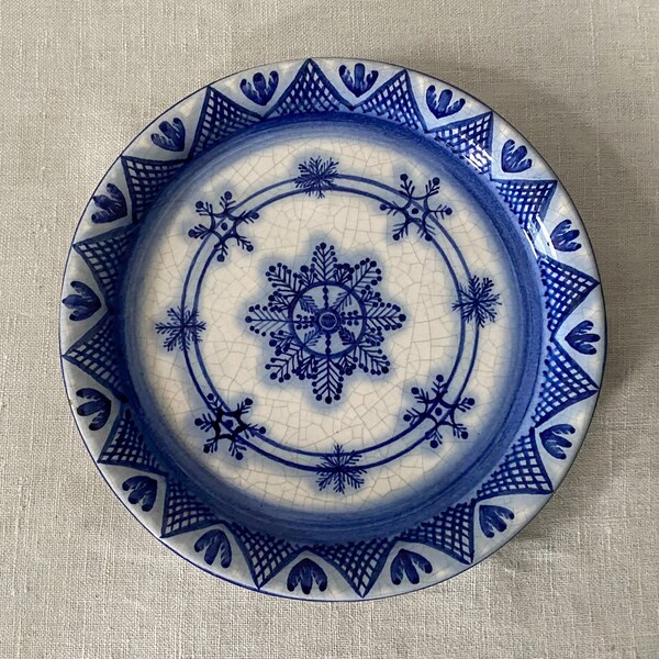 Assiette russe Beriozka, assiette en céramique vintage Gzhel bleu et blanc, flocon de neige Noël