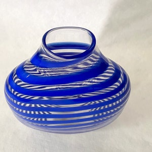 Studio Blown Glass Vase, Vintage Blue Striped Glass Vase image 7