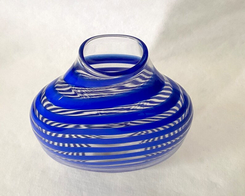 Studio Blown Glass Vase, Vintage Blue Striped Glass Vase image 7