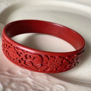 Carved Cinnabar Bracelet, Vintage Chinese Hand Carved Red Bangle