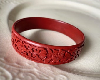 Carved Cinnabar Bracelet, Vintage Chinese Hand Carved Red Bangle