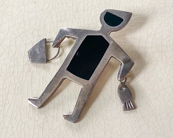 Mexican Silver Brooch, Vintage Anne Harvey Fisherman Sterling and Black Enamel, Taxco Jewelry