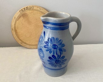 Salt Glazed Stoneware Pitcher, Vintage 2 Liter Belgian Pottery, Gray and Cobalt Blue Earthenware