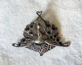 Art Nouveau Peacock Brooch or Pendant, Antique Léopold Gautrait Sterling Silver Jewelry circa 1900