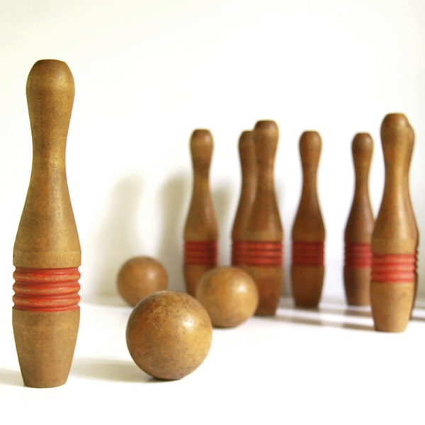 Vintage Wooden Bowling Set Treen Pins and Balls Antique