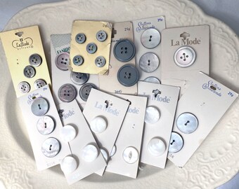 36 Vintage Mother of Pearl Buttons, White and Gray Natural and Plastic Buttons, Carded Buttons