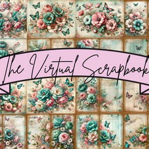Shabby chic lixo diário vintage rosa cerceta flores rosas impressão digital scrapbooking digi azul envelhecido cartões de papel