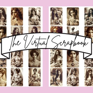 May include: A sheet of 18 vintage-style digital scrapbook stickers featuring women in various poses. The stickers are in shades of brown, white, and black. The text "The Virtual Scrapbook" is printed on the sheet.