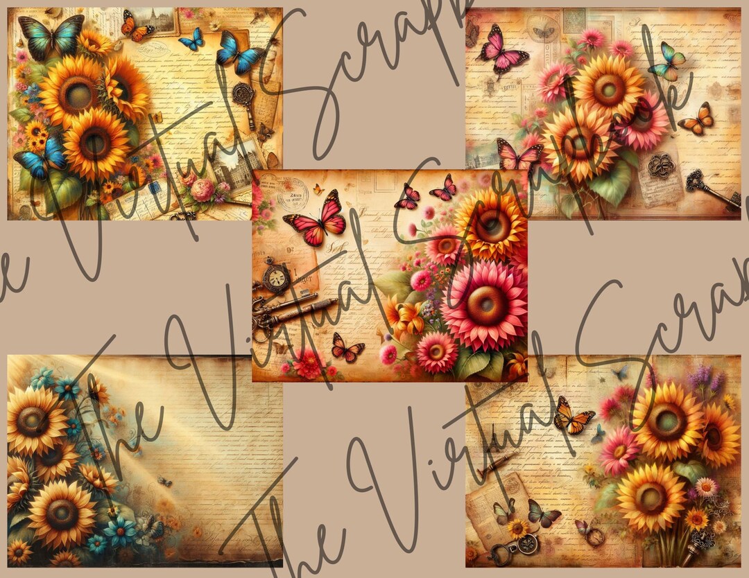 Sunflowers - Printable - Digital - Yellow - Pink - Junk Journal - Vintage Download Crafting ...
