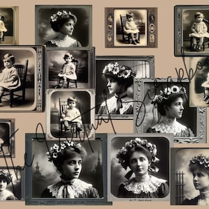 Vintage Photos Junk Journals Digital Scrapbook Pictures - Black and White - Women and Children 16 Photos - Sepia, Portraits