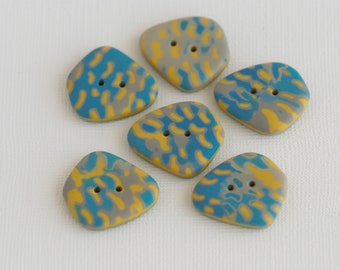 25 mm x 23 mm – 6 pcs. irregular shaped handmade patterned Buttons set, mustard yellow, teal colors