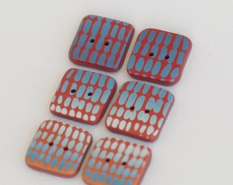 19 mm - 6 pcs. square handmade buttons set, red with blue pattern