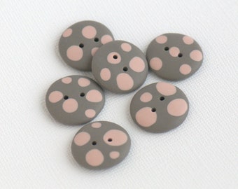 20 mm - 6 pcs. Grey handmade buttons with powder pink dots