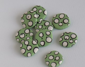 21 mm - 9 pcs. Irregular shaped, rounded corners handmade buttons with dots; Fern green