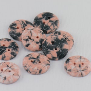 19 mm - 9 pcs. handmade Buttons set, Peach pink and black colors "Tie dye pattern"