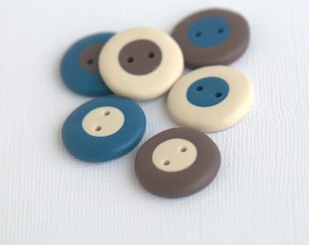 22 mm - 6 pcs. Brown, blue and linen handmade buttons set "Three colours"