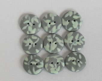 21 mm - 9 pcs. handmade buttons gray with a greenish plant motifs pattern