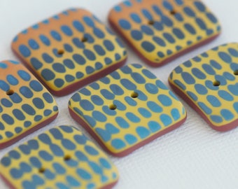 19 mm - 6 pcs. square handmade buttons set, yellow with blue pattern