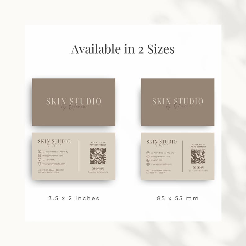 The med spa business card is available in two different sizes: 3.5 x 2 inches and 85 x 55 mm.