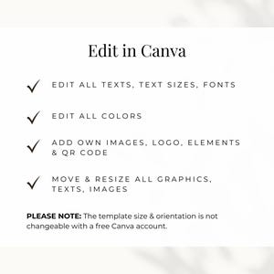 The card can be easily edited in canva. You can edit all texts, text sizes, fonts and colors. You can use your own images and elements and are able to move and resize them. The template size and orientation is not changeable.