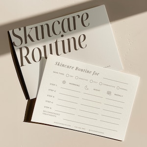 Minimalist skincare routine template editable in Canva with skin type and routine sections