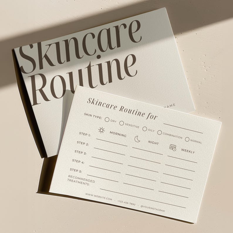 Minimalist skincare routine template editable in Canva with skin type and routine sections