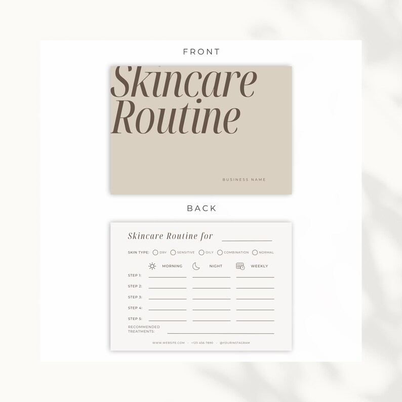 Skincare routine tracker printable with customizable steps and product order, front and back design view