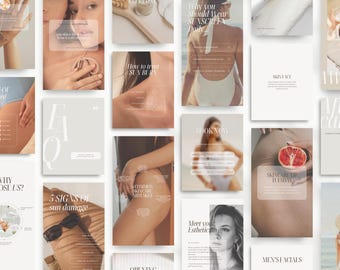May include: A collection of social media graphics for a skincare business. The graphics feature images of people, products, and text about skincare tips and services. The graphics are designed in a minimalist style with a neutral color palette.