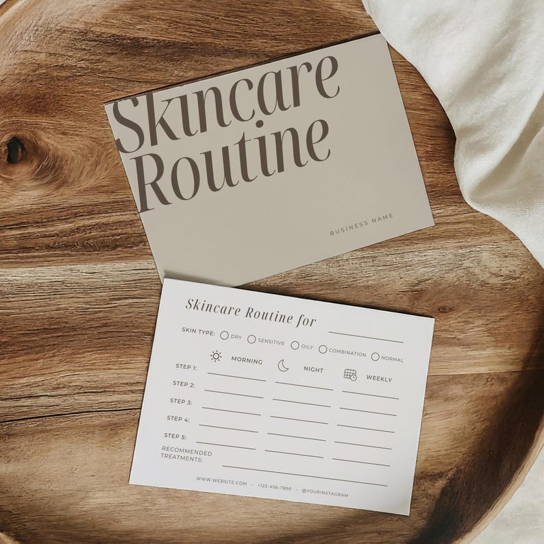 Minimalist skincare routine template editable in Canva with skin type and routine sections