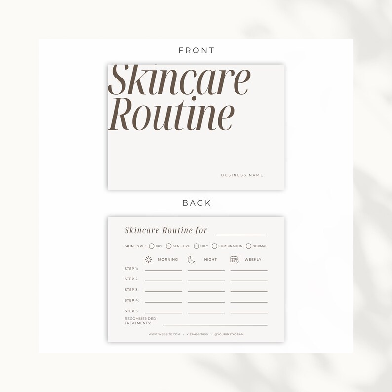 Skincare routine tracker printable with customizable steps and product order, front and back design view