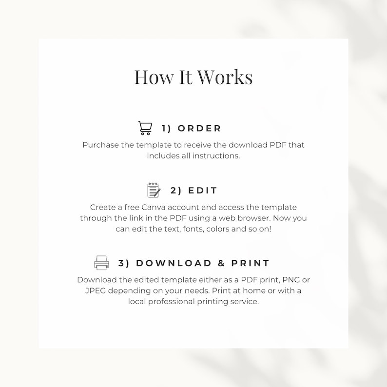 How it works: 1) order the template and download the PDF file by going to your Etsy account under purchases & reviews, 2) Edit the template in Canva, 3) Download as PDF file and print at home.