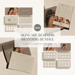 Könnte beinhalten: Ein Branding-Bundle für Hautpflegeunternehmen mit 11 Vorlagen. Die Vorlagen umfassen Terminkarten, Treuekarten, Preislisten und Hautpflege-Routinekarten. Die Farbpalette ist neutral mit Beige- und Brauntönen. Der Text enthält "Aesthetics", "Skincare Business Branding Bundle" und "Canva".