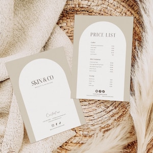 Könnte beinhalten: Zwei beige und weiße Preislistenkarten für Schönheits- und Hautpflegedienstleistungen. Die Karten zeigen den Text "SKIN & CO BEAUTY & SKINCARE" und "PRICE LIST". Die Preisliste umfasst Dienstleistungen für Wimpern, Hautbehandlungen und Waxing.