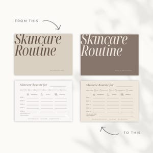 Fully editable skincare routine sheet for glow up routine and skincare organization, before and after transformation shown