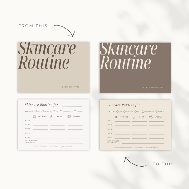 Fully editable skincare routine sheet for glow up routine and skincare organization, before and after transformation shown