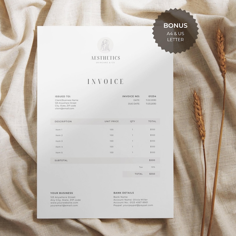 Bonus minimalist invoice template included with purchase – shown in clean A4 layout for small business and service providers.