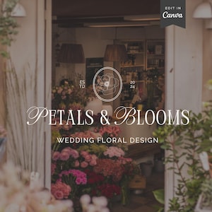 Może przedstawiać: Wejście do kwiaciarni z napisem "Petals & Blooms" i "Wedding Floral Design". Sklep prezentuje różnorodne kolorowe kwiaty. Obraz zawiera również tekst "Edit in Canva."
