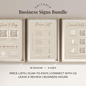 May include: Three editable business signs with a beige background and brown text. The signs include a scan-to-pay QR code, a price list, and a connect with us section with social media icons and QR codes.
