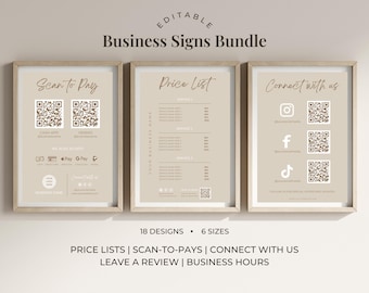 Editable Business Sign Bundle | Price List And Scan To Pay Template | QR Code Sign