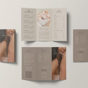 Fully editable beauty trifold brochure template showing the inside and outside layout. Includes sections for services, pricing, and business details.