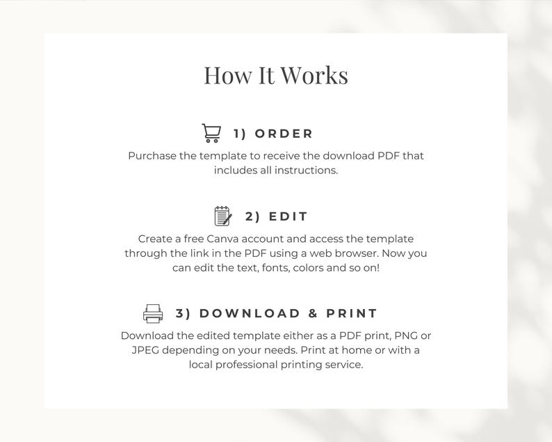 How to edit the esthetician brochure template: download from Etsy, open in Canva, customize text and images, download, and print or share. This modern skincare business brochure can be printed at home or through a professional print shop.